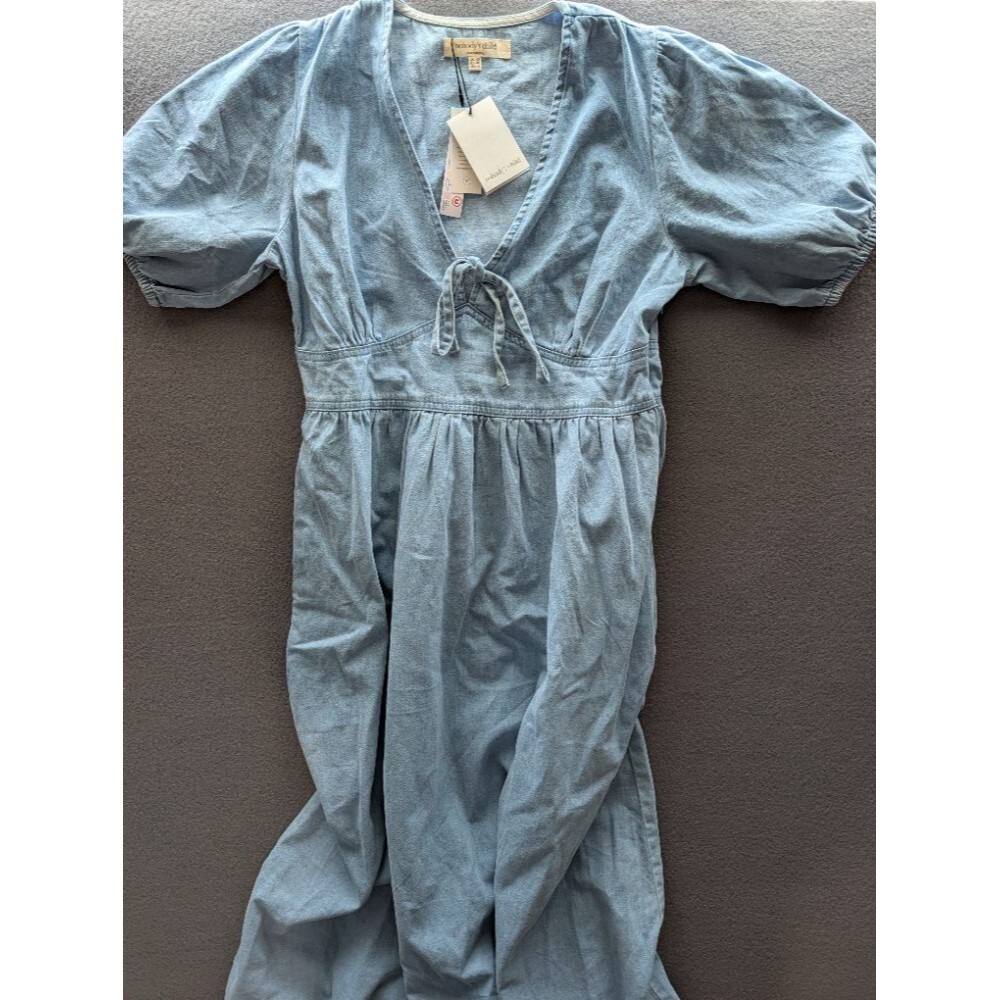 Nobody's Child Denim Dress Puff Sleeve V-Neck Tie Front Blue New NWT Size 8